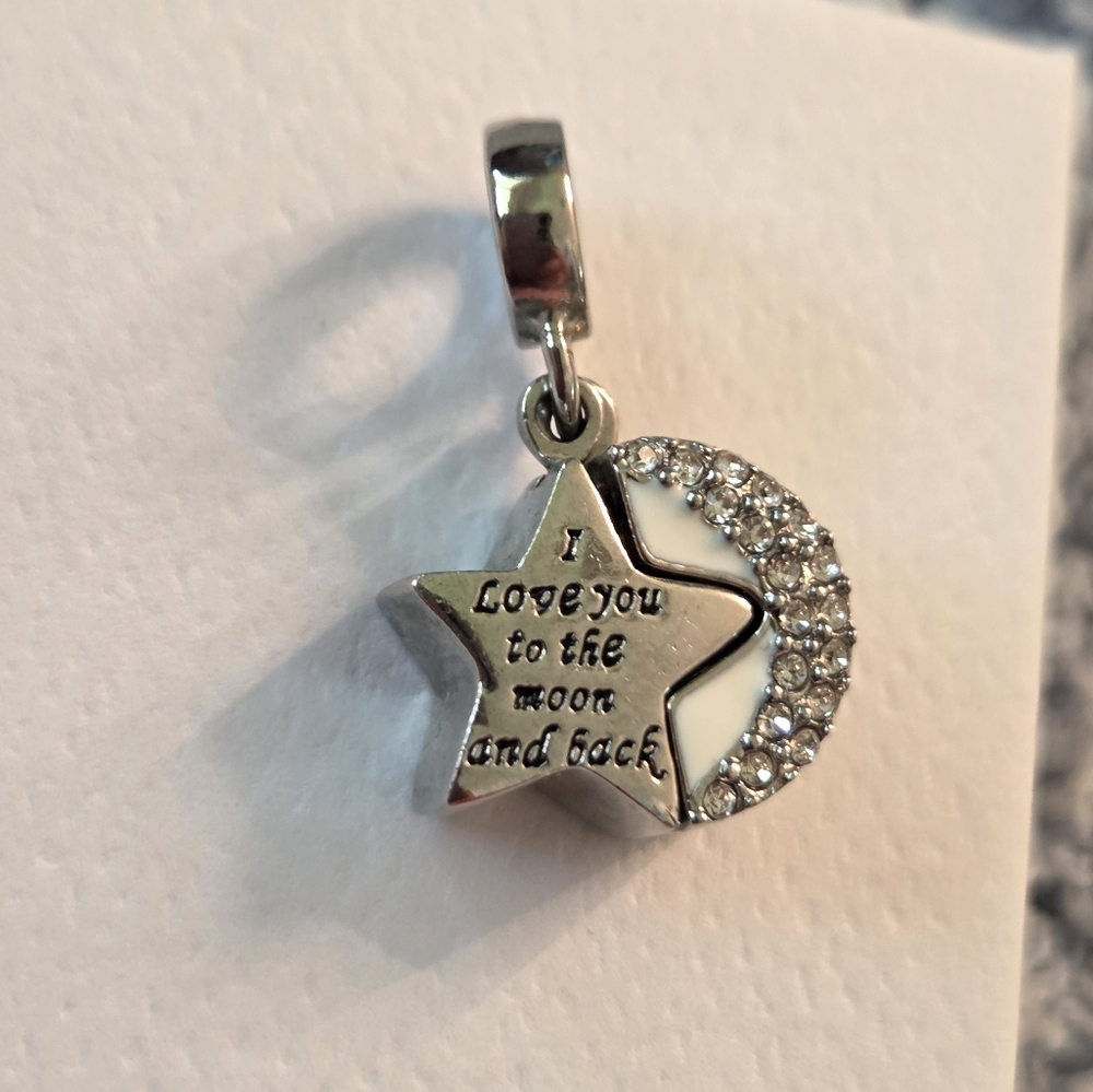 Silver Pave Moon & Silver Etched Star Charm I Love You To The Moon & Back